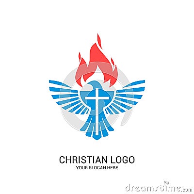 Christian church logo. Bible symbols. The dove and the flame are symbols of the Holy Spirit of God Vector Illustration