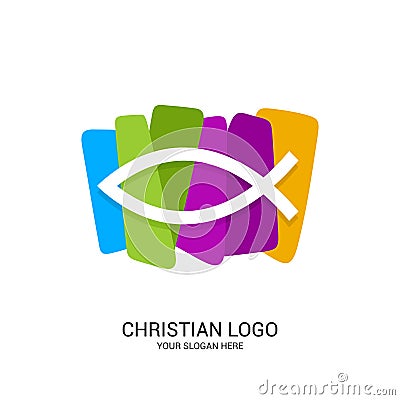 Christian church logo. Bible symbols. The fish is a symbol of Jesus Christ, in color blocks Vector Illustration