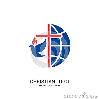 Christian church logo. Bible symbols. The globe, the cross of Jesus Christ and the dove Vector Illustration