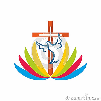 Christian church logo. The cross of Jesus and the dove are the symbol of the Holy Spirit Vector Illustration