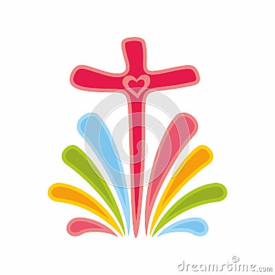 Christian church logo. The cross of Jesus and the rainbow Vector Illustration
