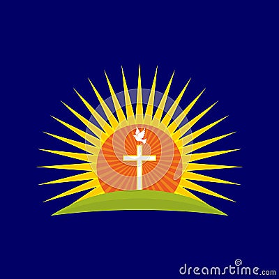 Christian church logo. Cross and pigeon in the sunshine Vector Illustration