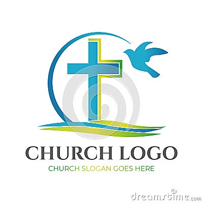 Christian Church Logo Design with Cross and Pigeon Vector Illustration