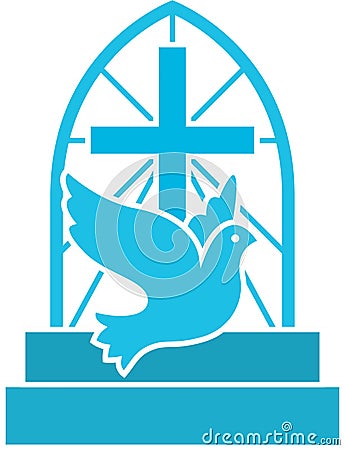 Christian church logo with flying dove, cross and stairs. Flat isolated vector icon symbol for hope, love an Jesus. Vector Illustration