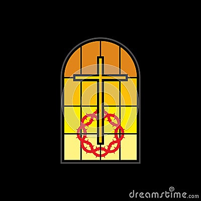 Christian church logo. Stained glass window, cross, crown of thorns, church window. Vector Illustration
