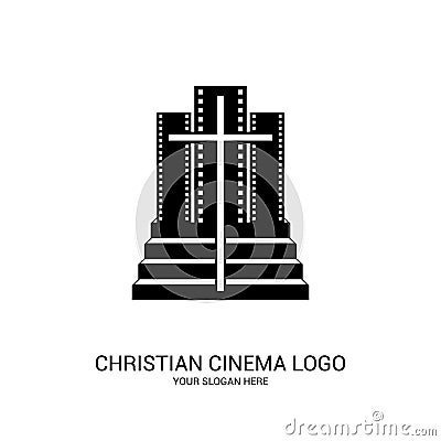 Christian cinema logo. Symbols of movies and videos for the ministry, conference, camp, festival, event Vector Illustration
