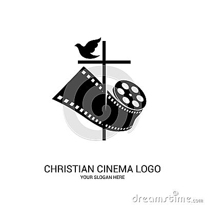 Christian cinema logo. Symbols of movies and videos for the ministry, conference, camp, festival, event Vector Illustration