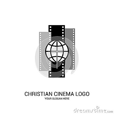 Christian cinema logo. Symbols of movies and videos for the ministry, conference, camp, festival, event Vector Illustration