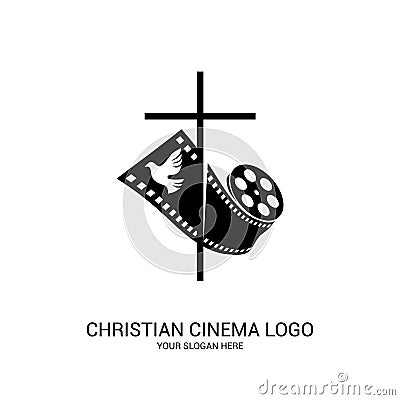 Christian cinema logo. Symbols of movies and videos for the ministry, conference, camp, festival, event Vector Illustration