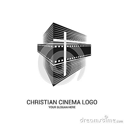 Christian cinema logo. Symbols of movies and videos for the ministry, conference, camp, festival, event Vector Illustration