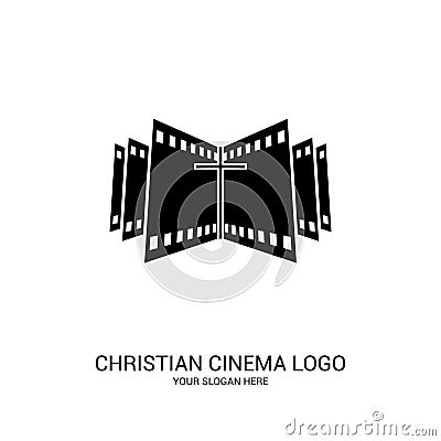 Christian cinema logo. Symbols of movies and videos for the ministry, conference, camp, festival, event Vector Illustration