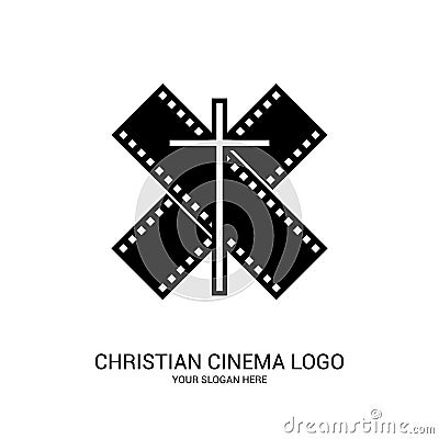 Christian cinema logo. Symbols of movies and videos for the ministry, conference, camp, festival, event Vector Illustration