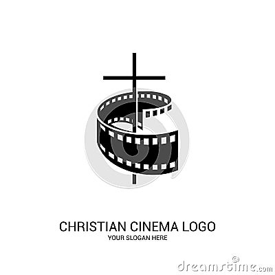 Christian cinema logo. Symbols of movies and videos for the ministry, conference, camp, festival, event Vector Illustration