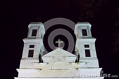 Christian classical white church towers at night Stock Photo