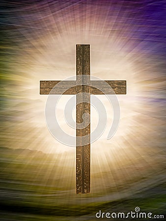 Christian cross on abstract landscape background with rays of glory. Religious Easter. Stock Photo