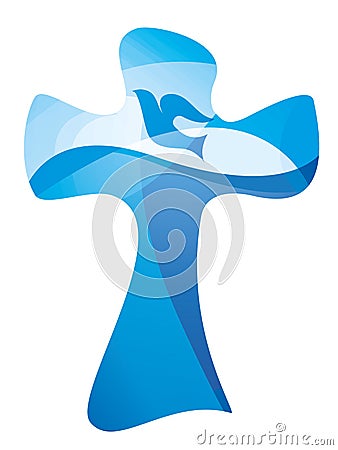 Christian cross baptism symbol with dove and water waves. Multiple exposure Stock Photo