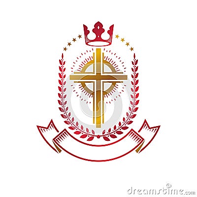 Christian Cross golden emblem created with royal crown, laurel w Vector Illustration