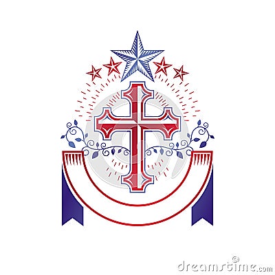 Christian Cross gothic emblem created with pentagonal star and f Vector Illustration