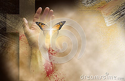 Christian cross with hand setting delicate reborn butterfly free Stock Photo