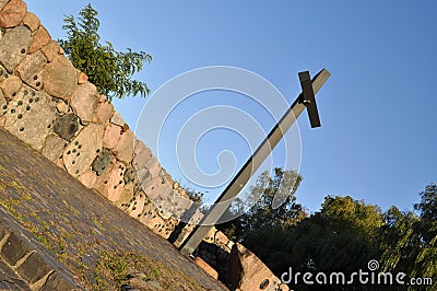 Christian cross high monument in the cemetery stairs Stock Photo