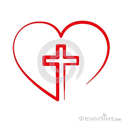 Christian cross inside in the heart. Vector illustration. Cartoon Illustration