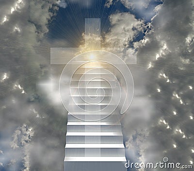 Christian cross and ladder to heaven sun sunsnsine beams Stock Photo