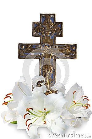 Christian cross and lily on white background Stock Photo