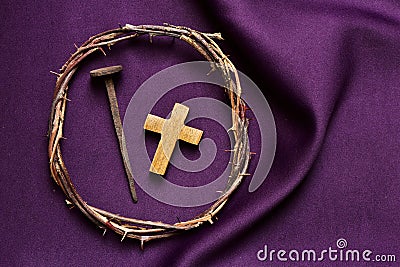 Christian cross, nail and the crown of thorns of Jesus Christ Stock Photo