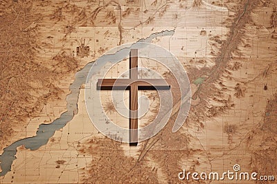 Christian cross on old map background. Cross on the old map. Missionary work Stock Photo