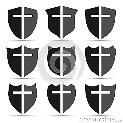 Christian cross and shield of faith. Christian church vector logo. Missionary icon. Religious symbol. Protection, safety Vector Illustration