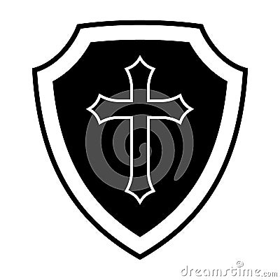 Christian Cross and Shield of Faith. Church Logo. Religious Symbol. Creative Christian Icon. Black and White Vector Illustration