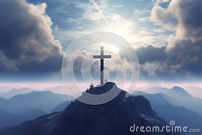 Christian cross shining in mountain and sky, AI generated Stock Photo