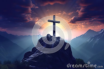 Christian cross shining in mountain and sky, AI generated Stock Photo