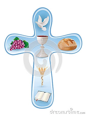 Christian cross symbols - white chalice, grapes, bread, bible, dove, candle, ears of wheat on blue background Stock Photo