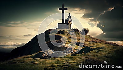 Christian cross on top of a green hill with dramatic skies Stock Photo