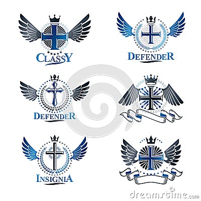 Christian Crosses emblems set. Heraldic Coat of Arms decorative Vector Illustration