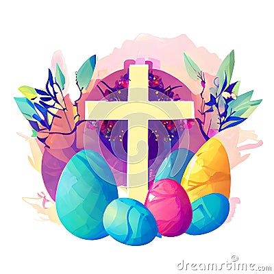 Christian Easter Cross with flowers in watercolor Stock Photo