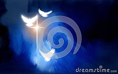 Christian glowing cross with doves Cartoon Illustration