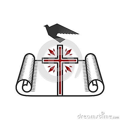 Christian illustration. Church logo. Cross and Holy Scripture Vector Illustration