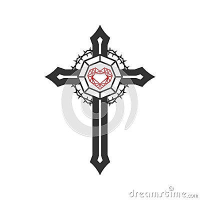 Christian illustration. Church logo. The diamond of God`s love on the cross. Crown of thorns Vector Illustration
