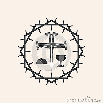 Christian illustration. A cross made of nails, symbols of Holy Communion framed by a crown of thorns Vector Illustration