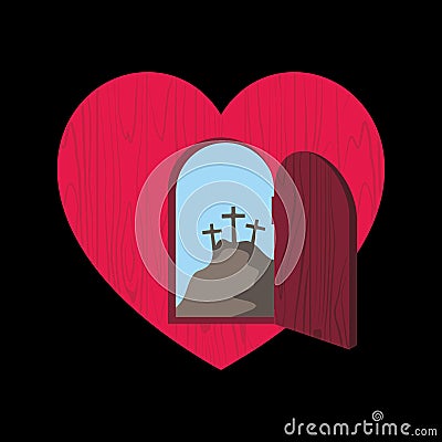 Christian illustration. The door of the heart is opened and through it is visible Golgotha and three crosses Vector Illustration