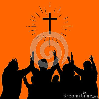 Christian illustration. Group worship, raised hands, praise. Vector Illustration