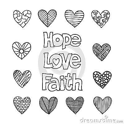 Christian inscriptions and hearts drawn by hand. Biblical vector illustrations and icons Vector Illustration