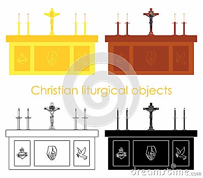 Christian liturgical objects. Gold and wood. Black fill. Outline only. Vector Illustration