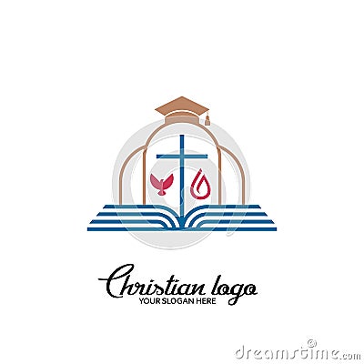 Christian logo and symbols. Bible, cross of Jesus Christ and the Holy Spirit, Confederate cap Vector Illustration