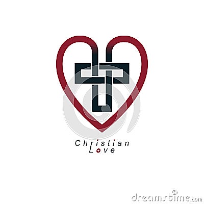 Christian Love and True Belief in God vector creative symbol design, combined with Christian Cross and heart, vector logo or sign. Vector Illustration