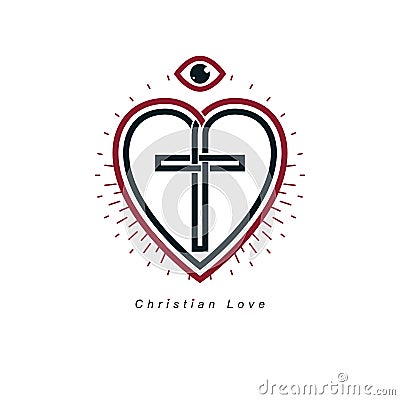 Christian Love and True Belief in God vector creative symbol design, combined with Christian Cross and heart, vector logo or sign. Vector Illustration