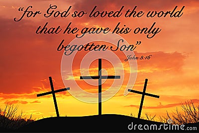 Christian Motivational quote with Three crosses on top of hill Stock Photo