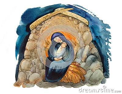 Christian nativity scene: Mary with Jesus Christ as a baby in a cave in a stable. Holy night of bethlehem. Merry Christmas Stock Photo